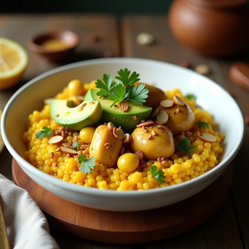 Bowl de Sémola de Maíz con Pollo al Curry y Aguacate: Receta Árabe Sin Gluten