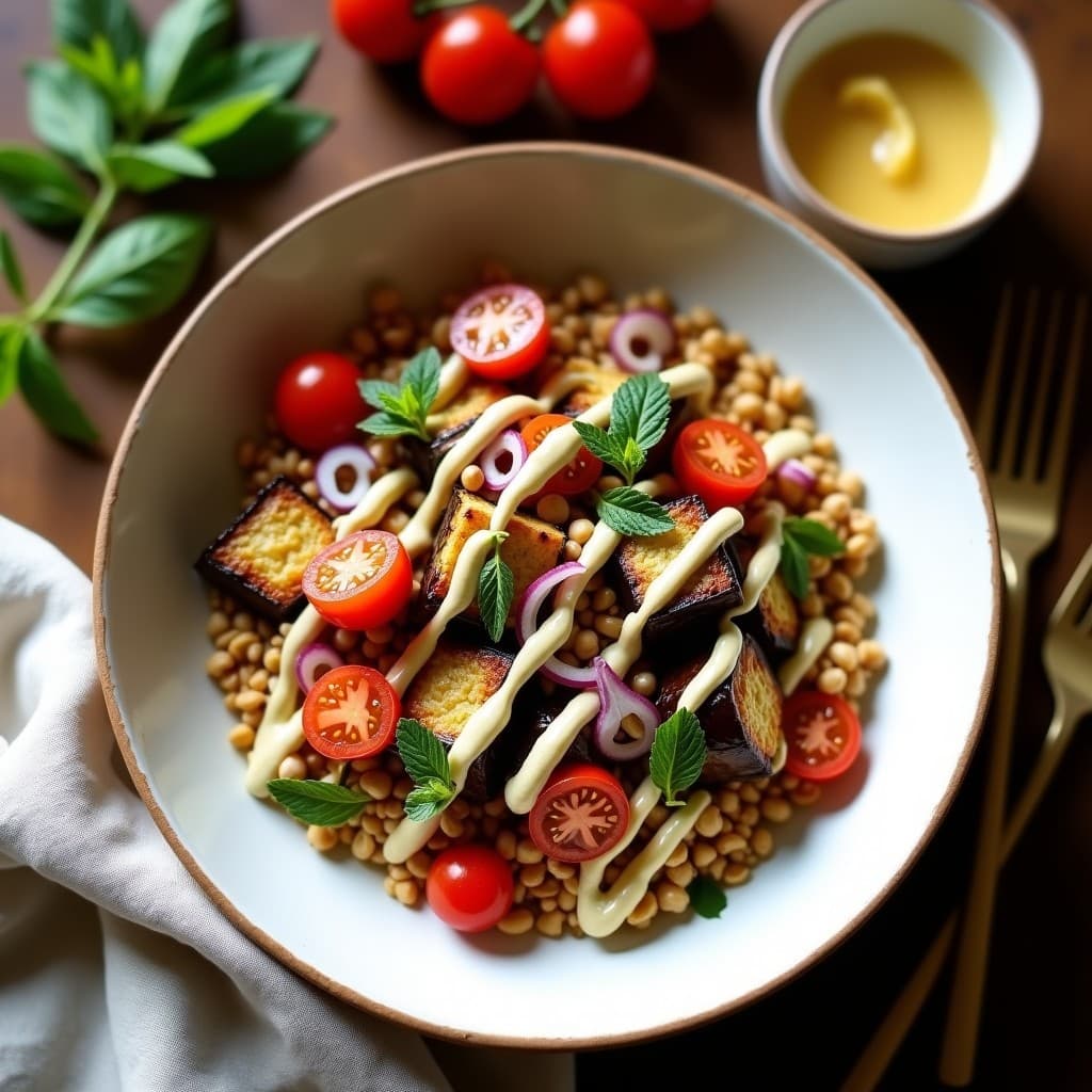 Bowl de Sémola de Trigo Sarraceno y Berenjena Asada: Receta Libanesa Keto con Tahini