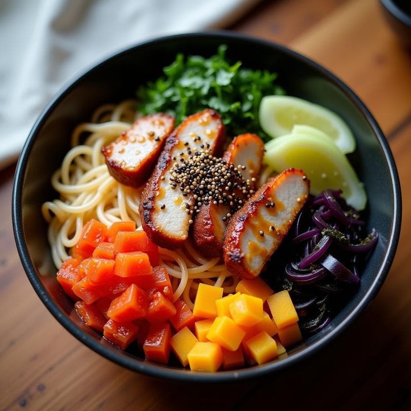 Bowl de Fideos Shirataki con Cerdo Adobado y Vegetales Fermentados: Receta Japonesa Keto