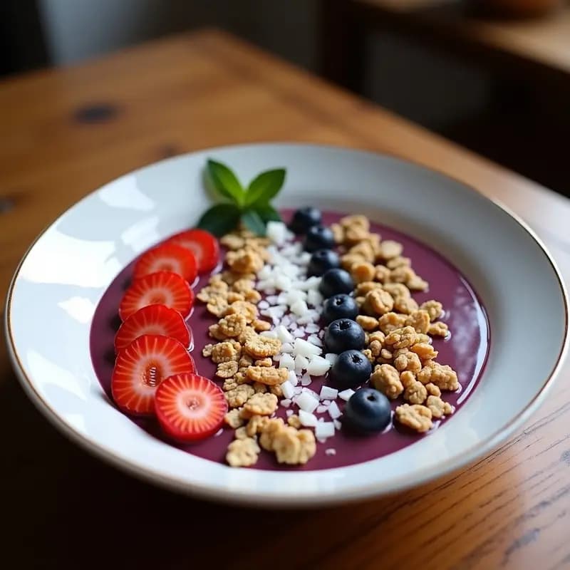 Bowl de Smoothie de Açaí con Granola de Coco y Frutas en Forma de Flor