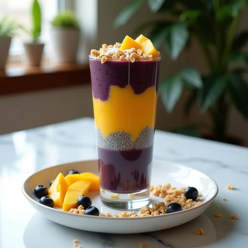 Bowl de Smoothie con Capas de Açaí, Mango y Chía: Desayuno Brasileño en Vaso Transparente