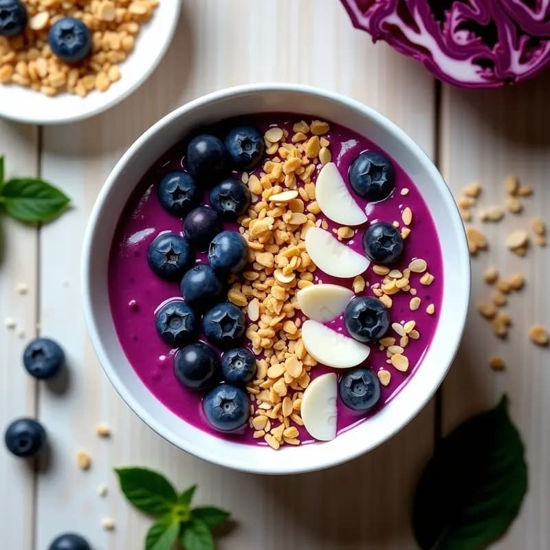 Bowl de Smoothie Morado de Arándanos y Repollo con Granola de Quinoa: Desayuno Detox y Crujiente