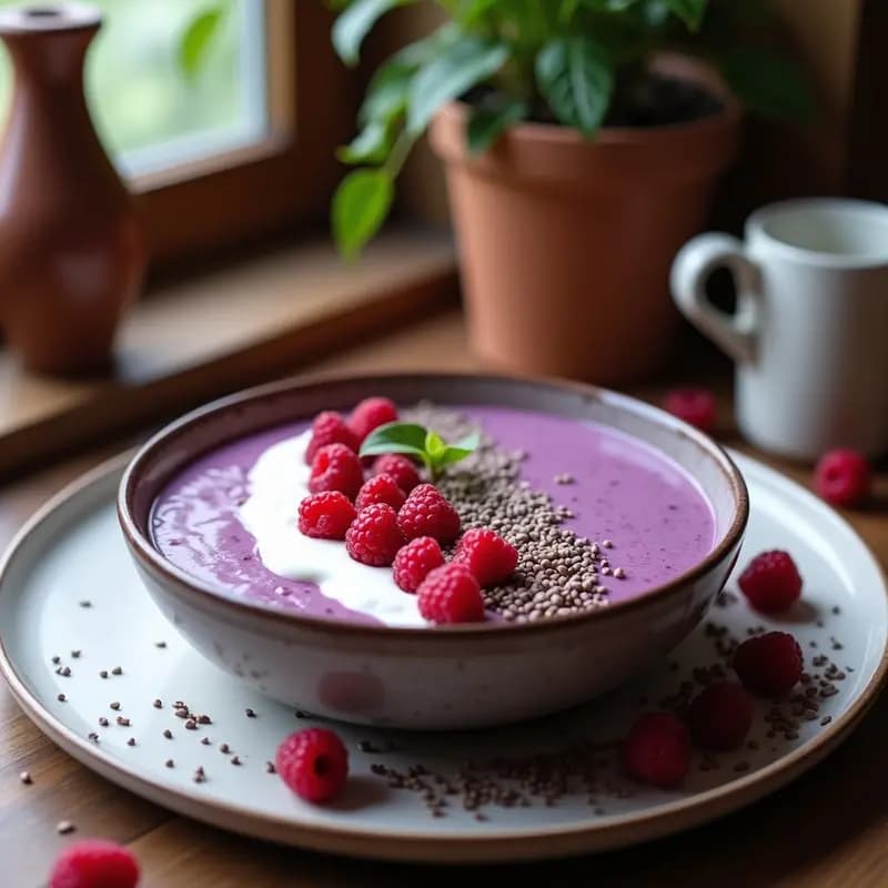Bowl de Smoothie Morado con Camadas de Chía, Yogur de Coco y Frutos Rojos: Desayuno Instagramable