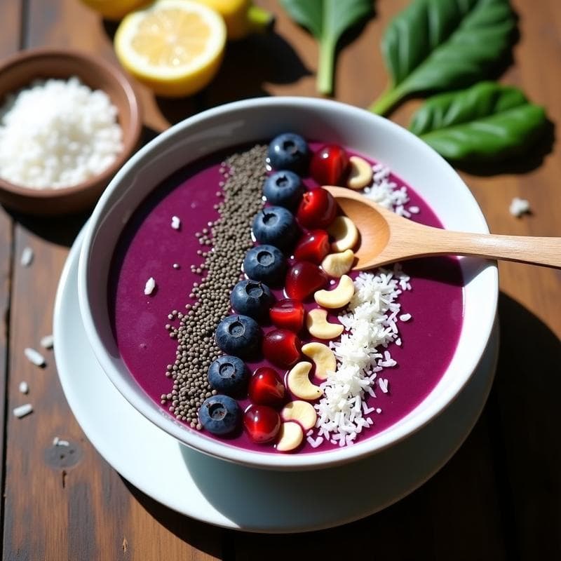Bowl de Smoothie Morado con Espirulina y Semillas de Chía: Desayuno Detox y Energético