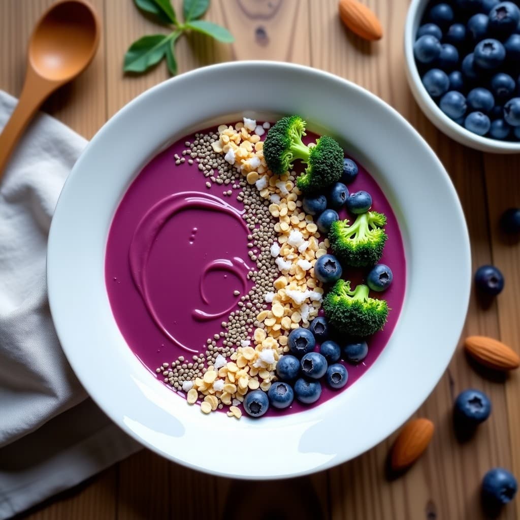 Bowl de Smoothie Morado con Leche de Almendras y Toppings Superfood: Desayuno Vegano y Detox