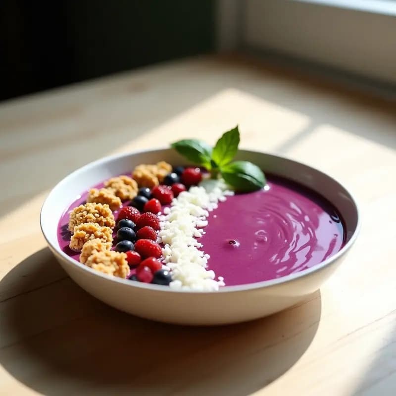 Bowl de Smoothie Morado con Toppings de Fruta Deshidratada y Granola: Desayuno Fotogénico