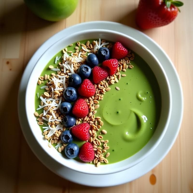 Bowl de Smoothie verde con Toppings de Frutos Rojos y Semillas de Cáñamo: Desayuno Detox