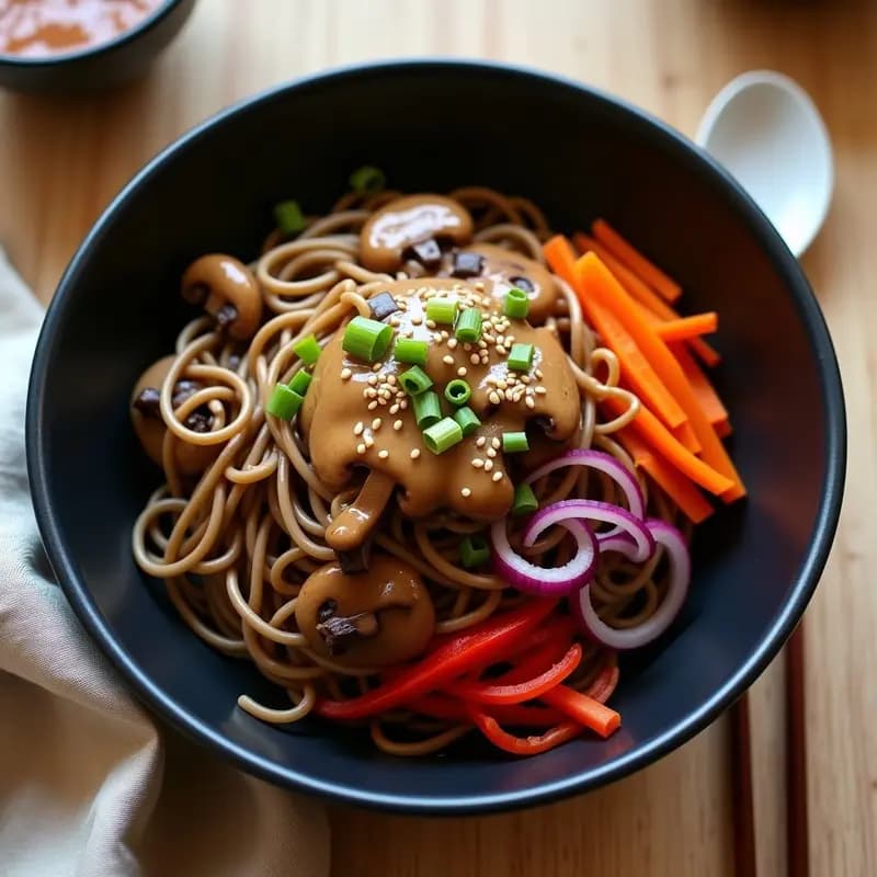 Bowl de Soba con Champiñones Shitake y Salsa de Cacahuete: Receta Japonesa Rápida