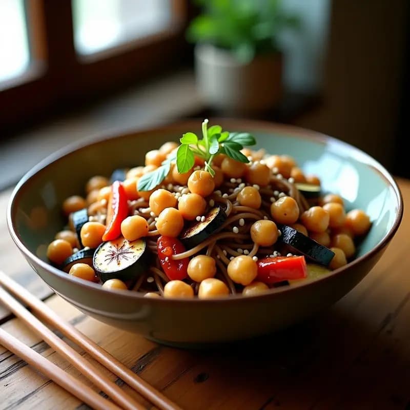 Bowl de Soba conostra de Garbanzos y Verduras Asadas: Receta Japonesa Vegana en Airfryer