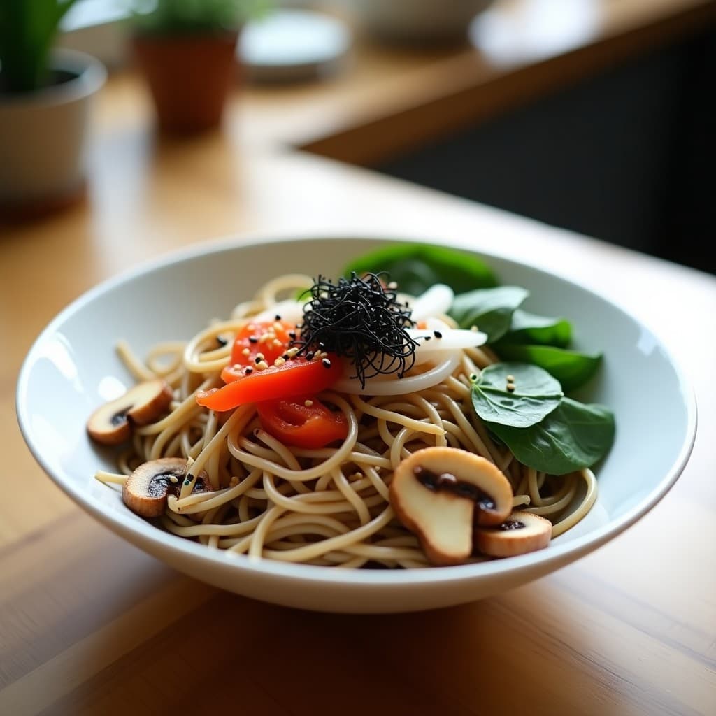 Bowl de Soba con Hongos Shiitake y Vinagreta de Sésamo Negra: Receta japonesa vegana y bajos en calorías