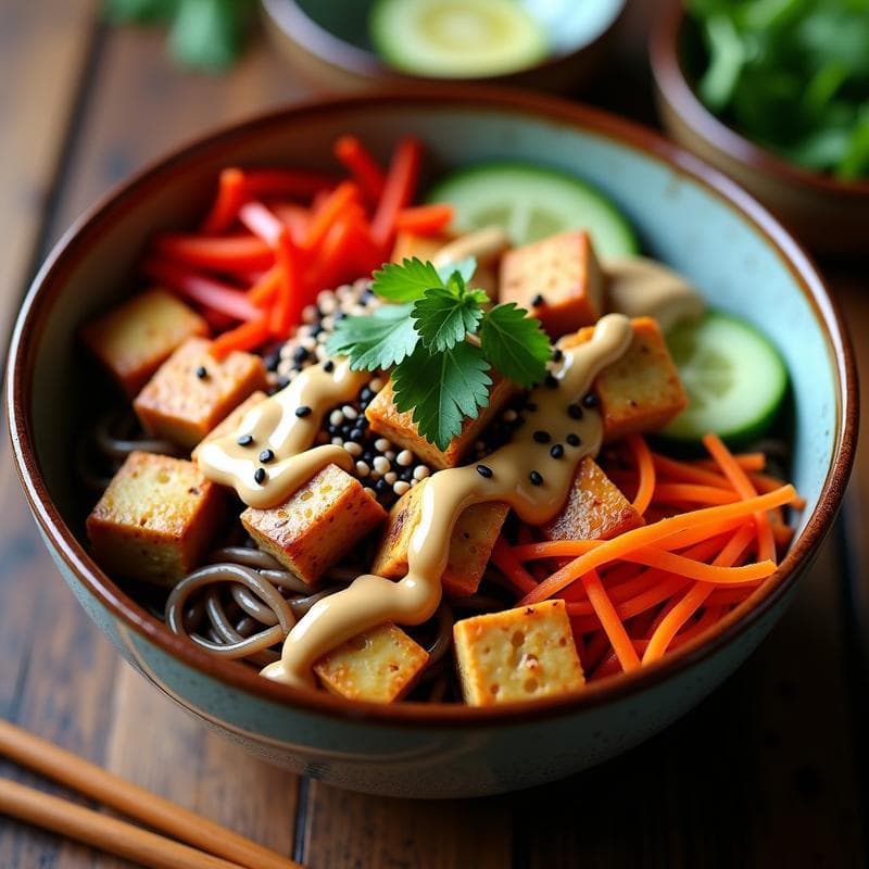 Bowl de Soba con Tofu Ahumado y Salsa de Cacahuete y Lima: Receta Japonesa Vegana y Sin Gluten