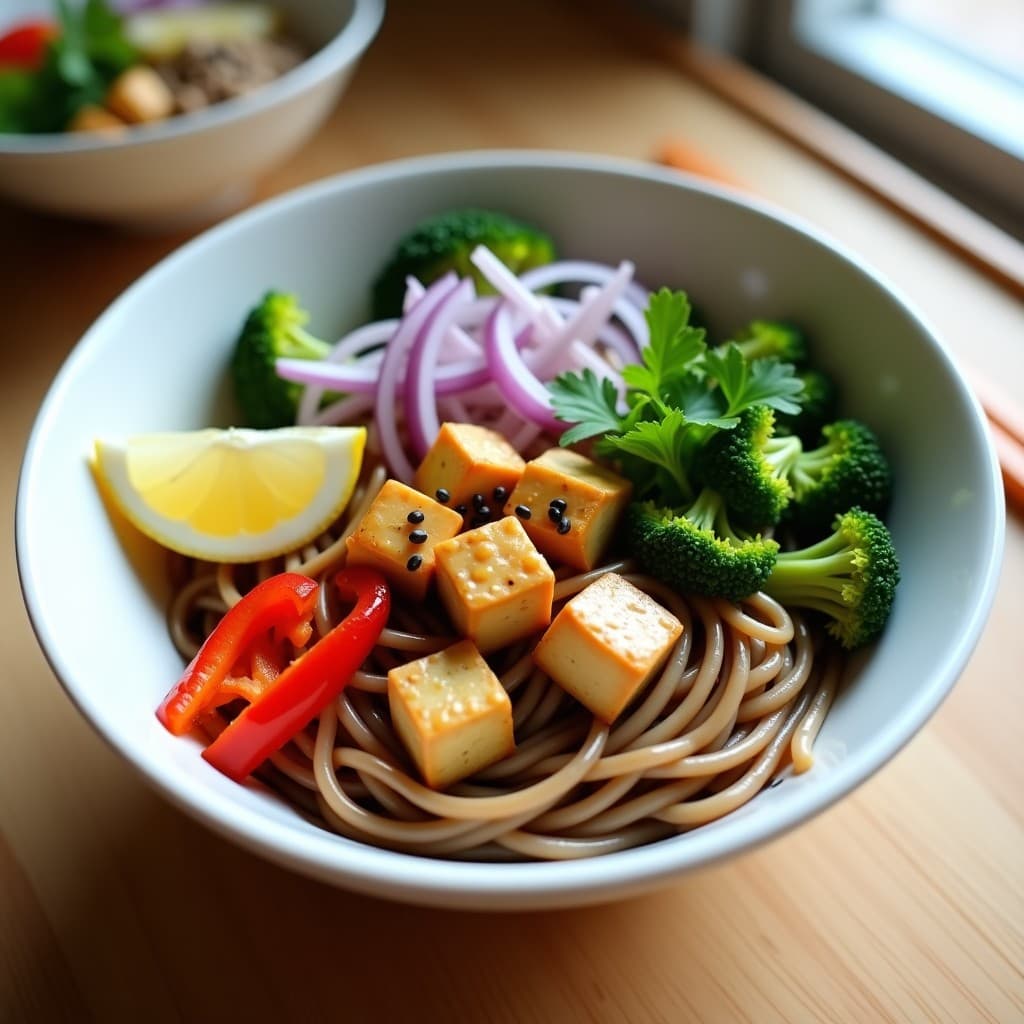 Bowl de Soba con Tofu Marinado en Miso y Brócoli al Vapor: Receta Japonesa Baja en Calorías