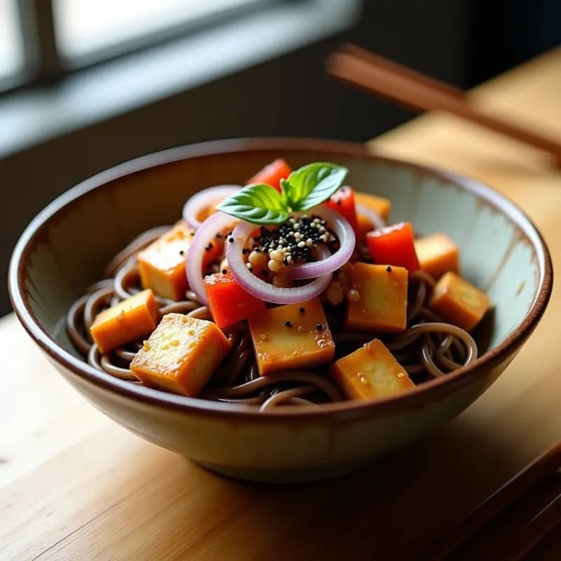 Bowl de Soba con Tofu Crujiente y Aderezo de Miso y Ciruela Umeboshi: Receta Japonesa en 20 Minutos