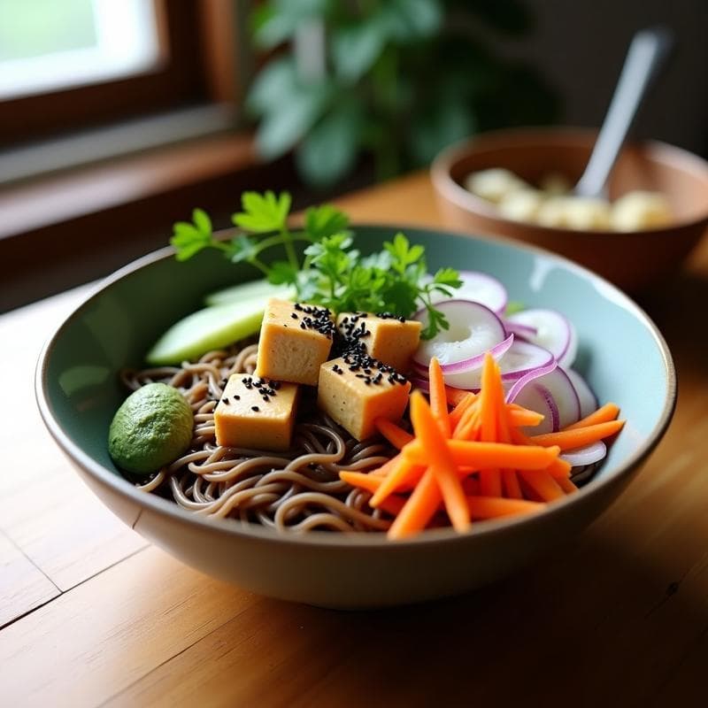 Bowl de Soba con Tofu Marinado y Vegetales Encurtidos: Receta Japonesa Vegana y Fría