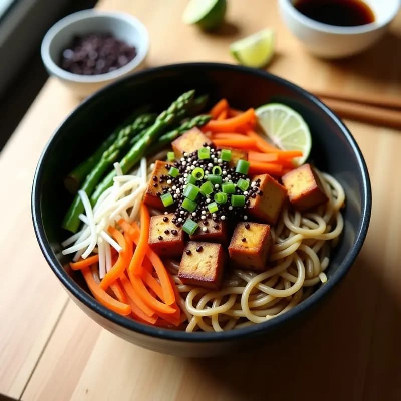 Bowl de Soba con Tofu y Vegetales al Vapor: Plato Japonés Vegano y Sin Cocción