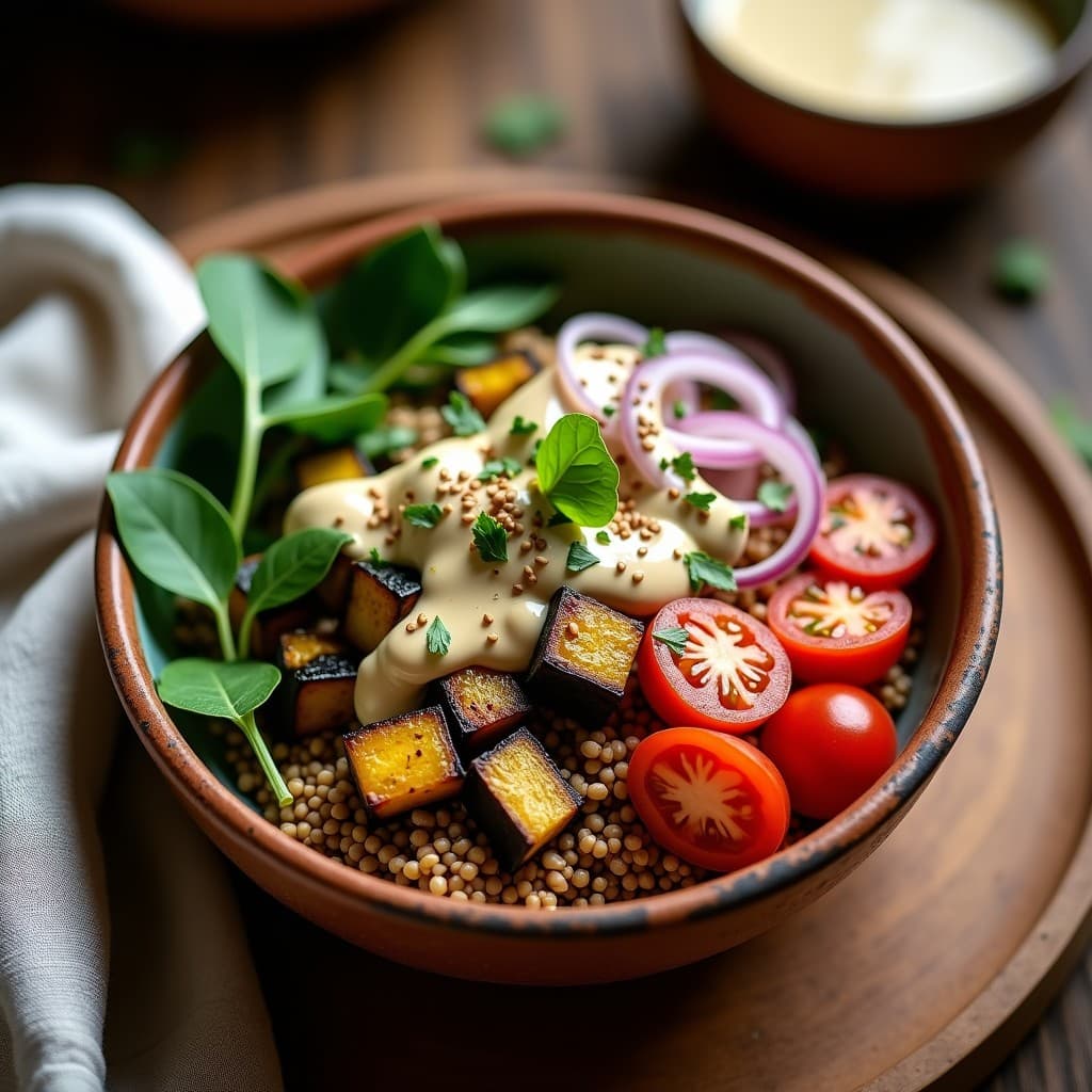 Bowl de Teff con Berenjena Asada y Tahini de Alta Montaña: Receta Etíope Vegana y Alta en Hierro