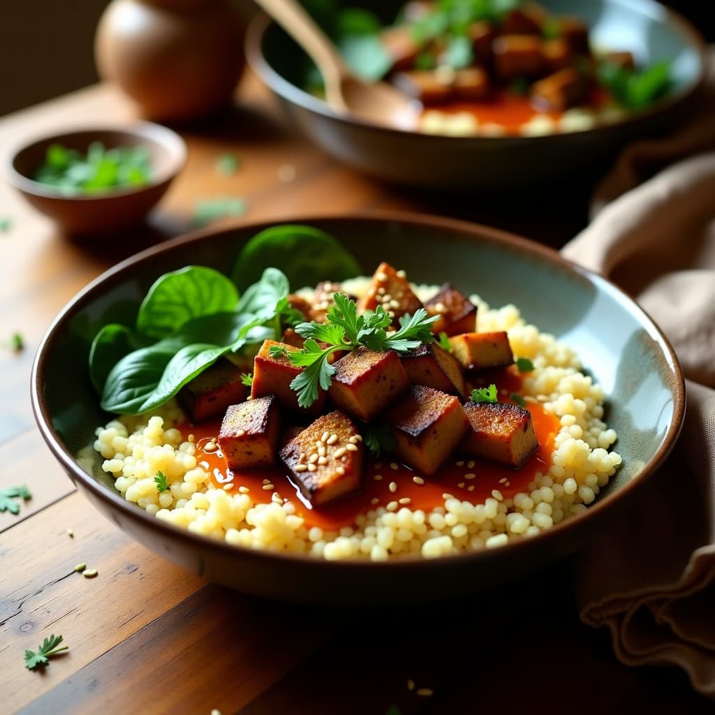 Bowl de Teff con Berenjenas Asadas y Salsa de Tamarindo: Receta Etiopé Vegana en 20 Minutos