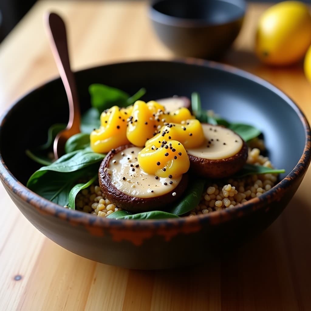 Bowl de Teff y Champiñones Portobello con Salsa de Tahini y Granadilla: Desayuno Etiopio Keto