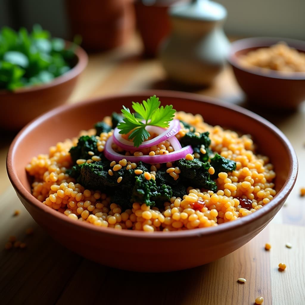 Bowl de Teff con Col Rizada Fermentada y Aderezo de Tamarindo: Receta Etiopí Vegana