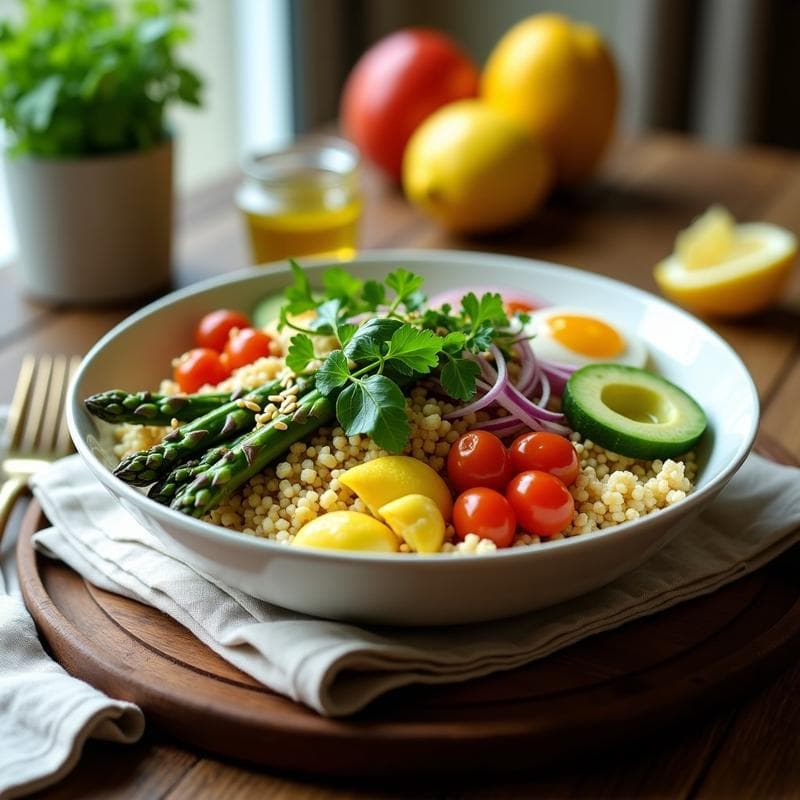 Bowl de Teff y Espárragos con Aderezo de Limón y Aceite de Oliva: Desayuno Etiopíe Vegano