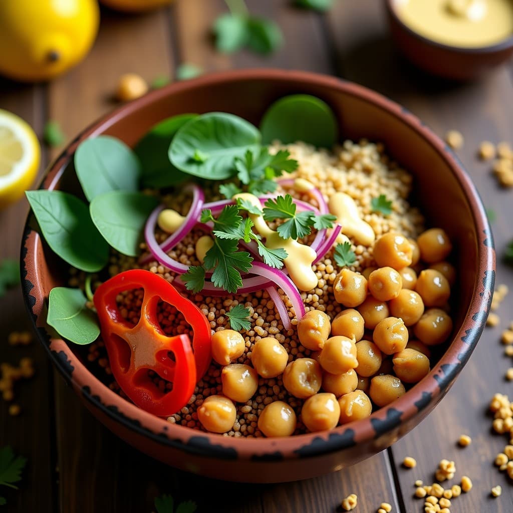 Bowl de Teff con Garbanzos Crujientes y Aderezo de Limón y Comino: Receta Etiopía Keto y Sin Gluten