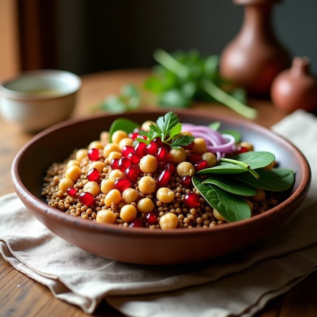 Bowl de Teff con Garbanzos Tostados y Vinagreta de Granada: Desayuno Etiopío Alto en Hierro
