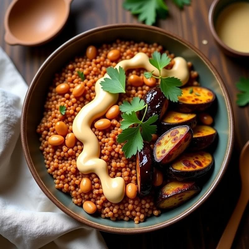 Bowl de Teff con Pochas Estofadas y Berenjena Asada: Receta Etiopiana Sin Gluten en 25 Minutos