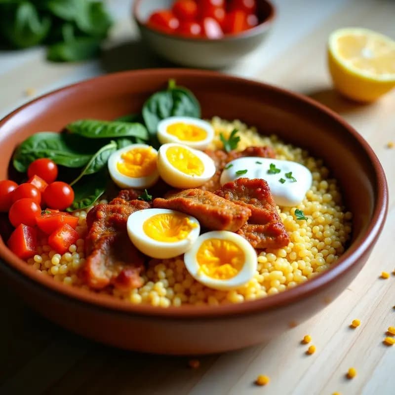 Bowl de Teff con Pollo al Berbere y Huevos de Codorniz: Receta Etiopía Alta en Proteína