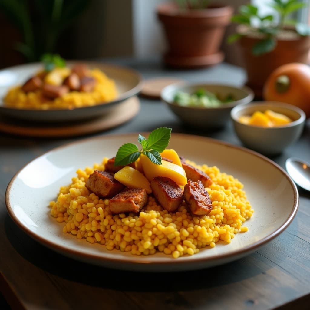 Bowl de Teff con Pollo al Tika Masala y Aderezo de Mango: Receta Etiopíe-India en Olla Exprés