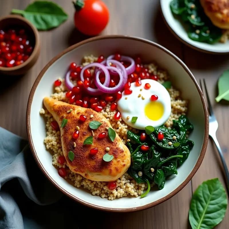 Bowl de Teff con Pollo al Zaatar y Granada: Receta Etiopíe Sin Gluten y Alta en Hierro
