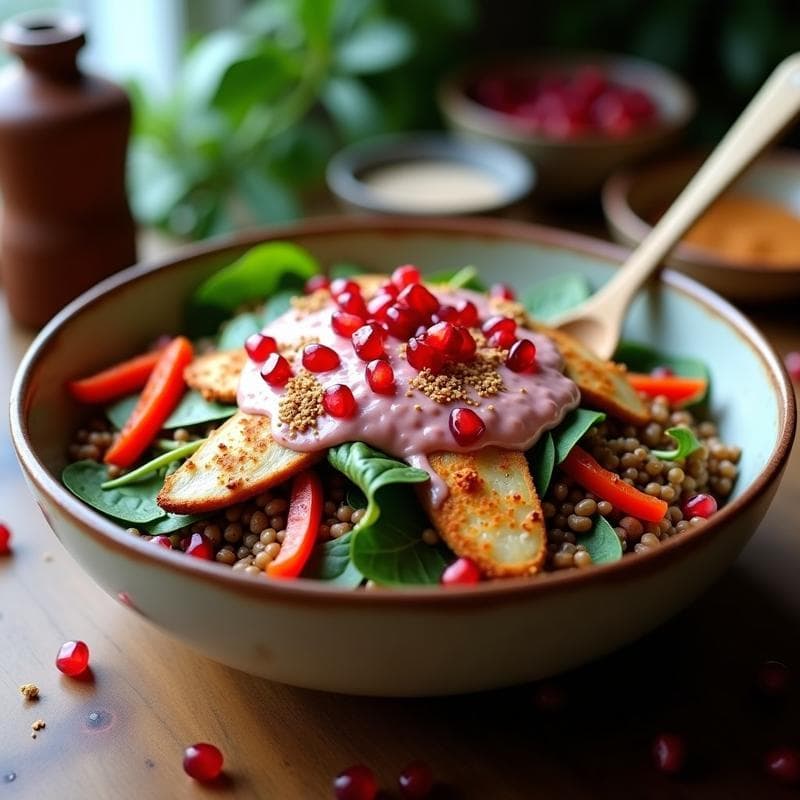Bowl de Teff con Pollo al Zaatar y Aderezo de Granadas: Receta Etiopía en 20 Minutos