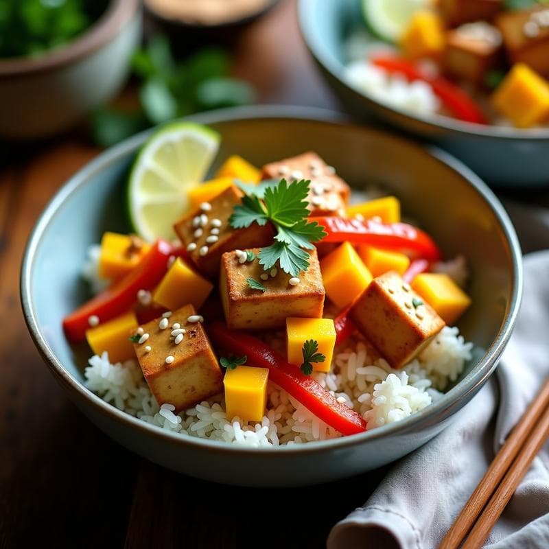 Bowl Tailandés de Mango y Tofu: Receta en Airfryer con Salsa de Cacahuete en 15 Minutos