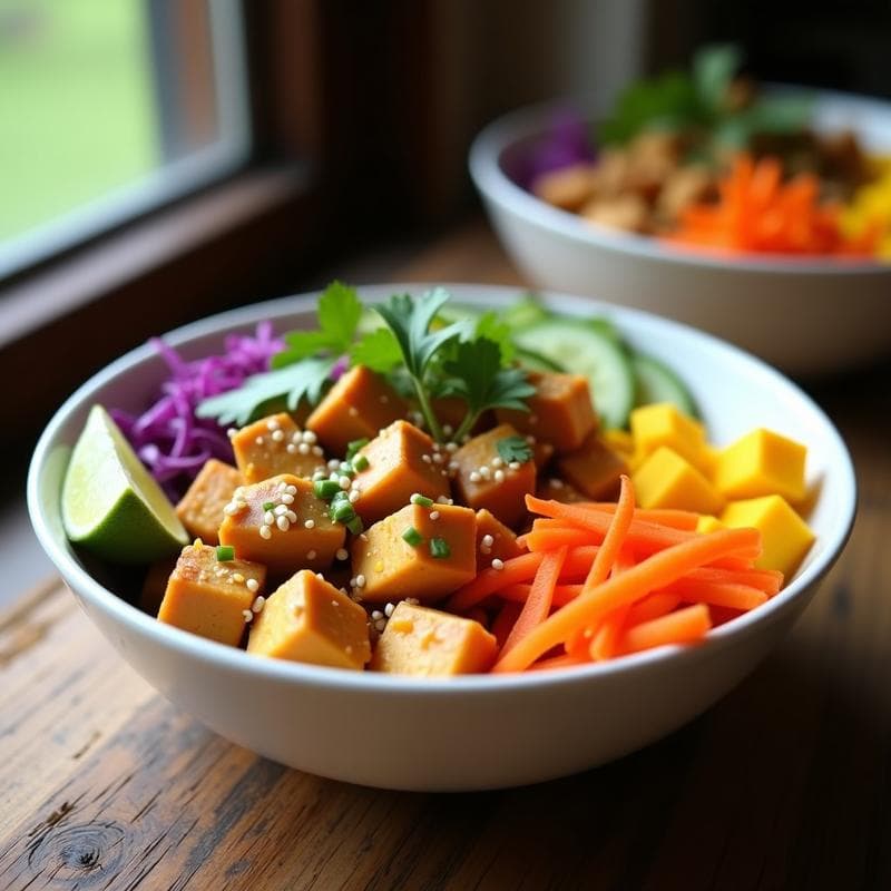 Bowl Tailandés de Mango y Tofu Crujiente: Receta Vegana Rápida y Alta en Proteína