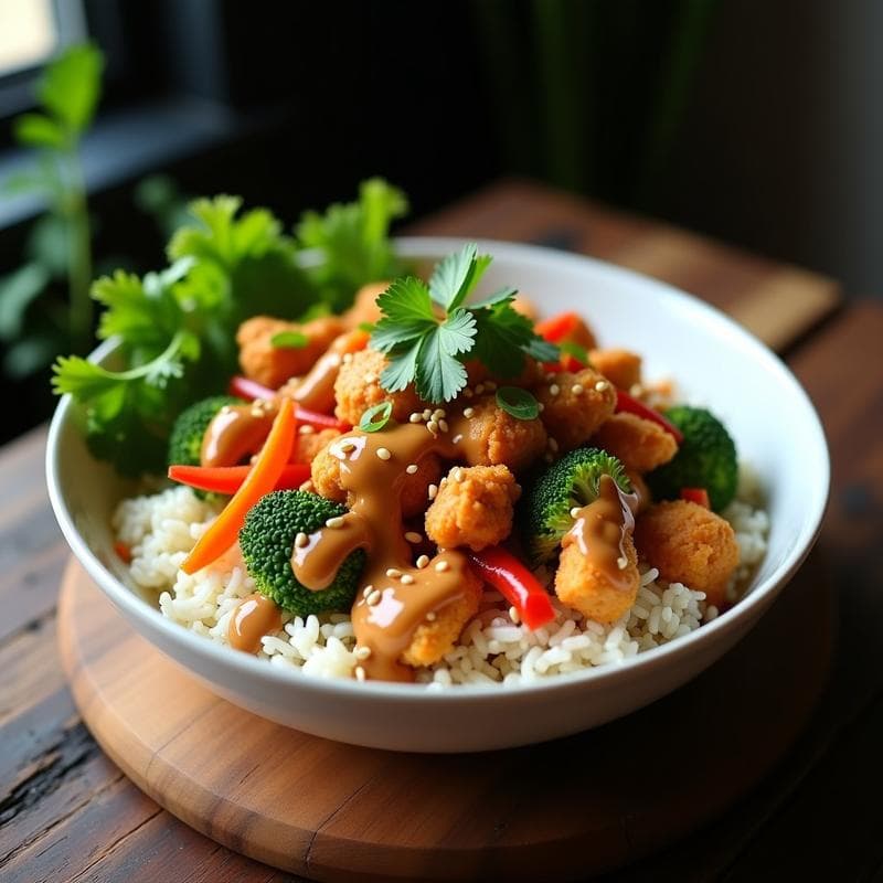 Bowl Tailandés con Salsa de Cacahuete: Receta en Airfryer Alta en Proteína y Sin Gluten
