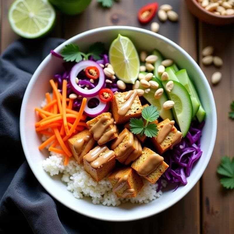 Thai Peanut Bowl con Tofu: Receta Vegana Alta en Proteína en 25 Minutos