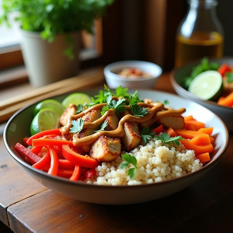 Bowl Tailandés de Quinoa y Pollo con Salsa de Cacahuete: Receta Alta enProteína en 25 Minutos