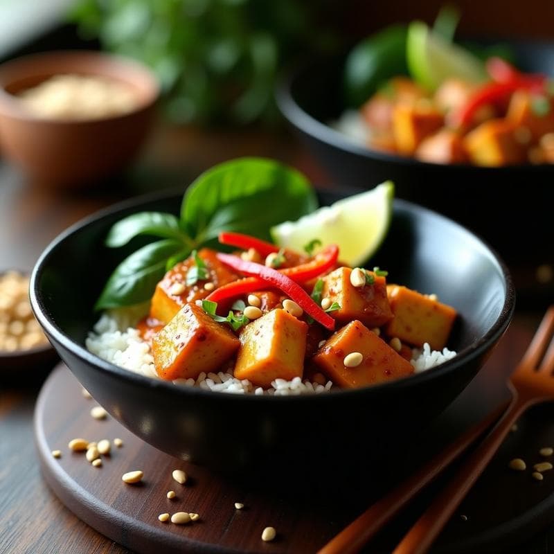 Bowl Tailandés de Tofu al Café: Receta Vegana con Sabor Umami en 25 Minutos