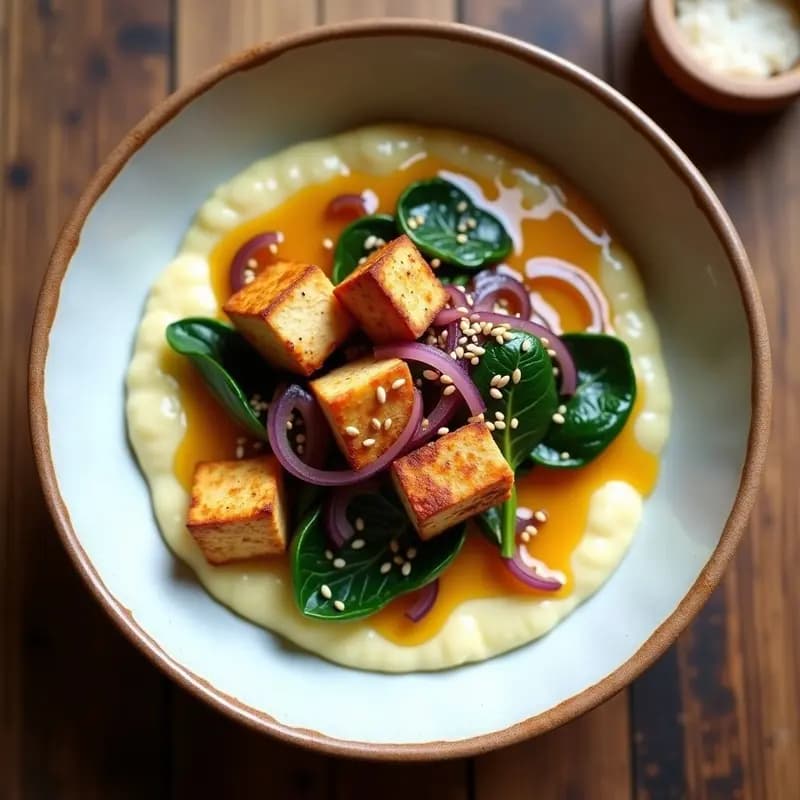 Bowl de Tofu Ahumado y Puré de Coliflor: Receta Alemana Vegana con Salsa de Mostaza y Miel