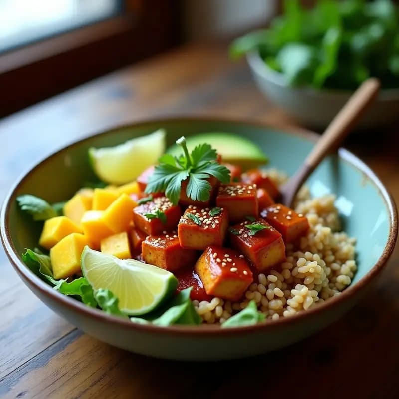 Bowl de Tofu Desmenuzado al Chipotle con Aguacate y Mango: Receta Mexicana Vegana y Picante