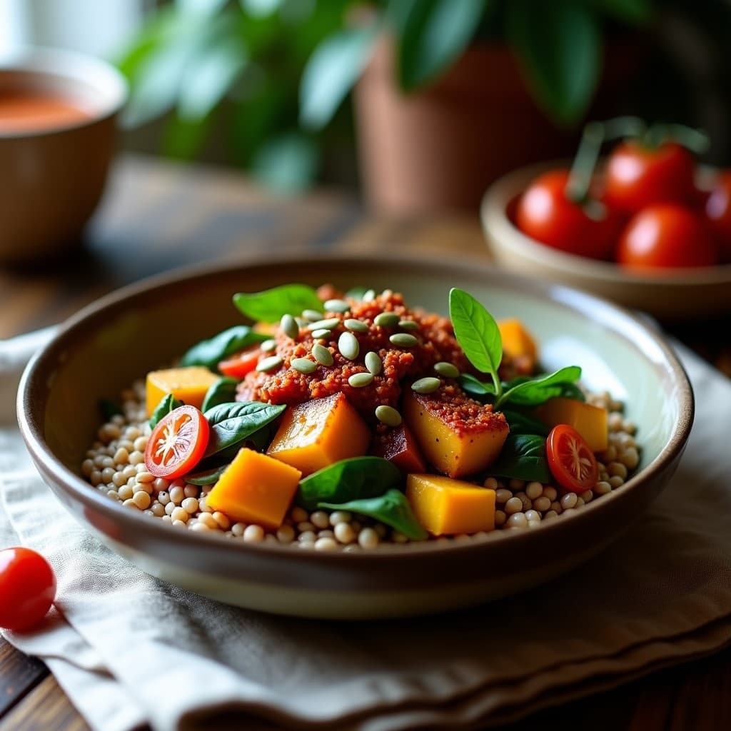 Bowl de Trigo Sarraceno con Berenjena Asada y Salsa de Tomate Seco: Receta Rusa Vegana