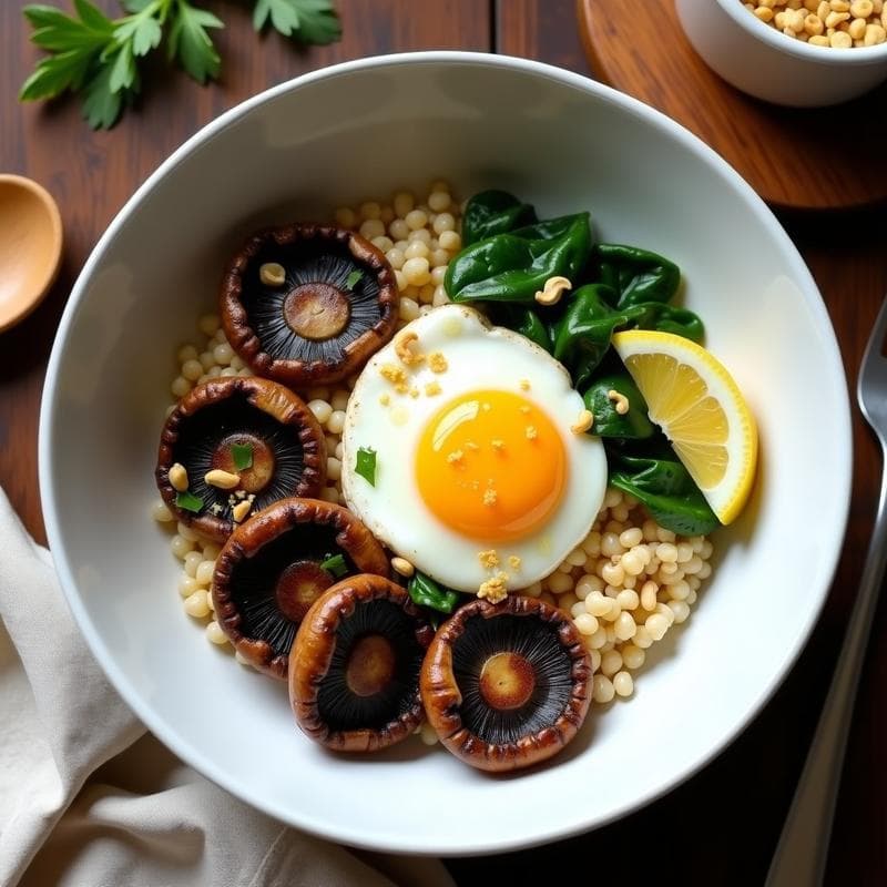 Bowl de Trigo Sarraceno y Champiñones Portobello: Desayuno Vegano con Huevo de Lino en 20 Minutos
