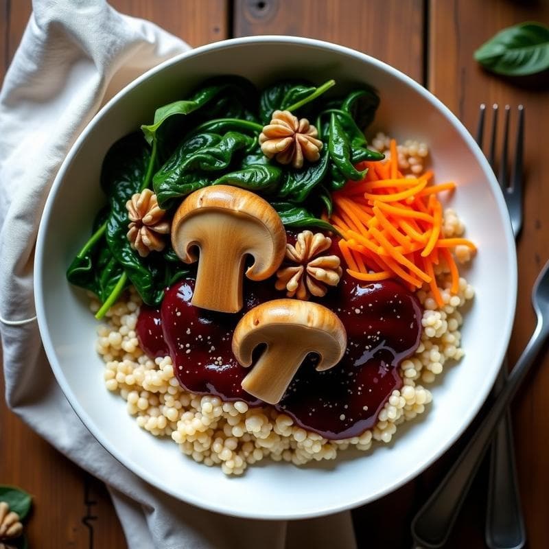 Bowl de Trigo Sarraceno con Hongos Chanterelle y Reducción de Vino Tinto: Receta Francesa Vegana para Tupper