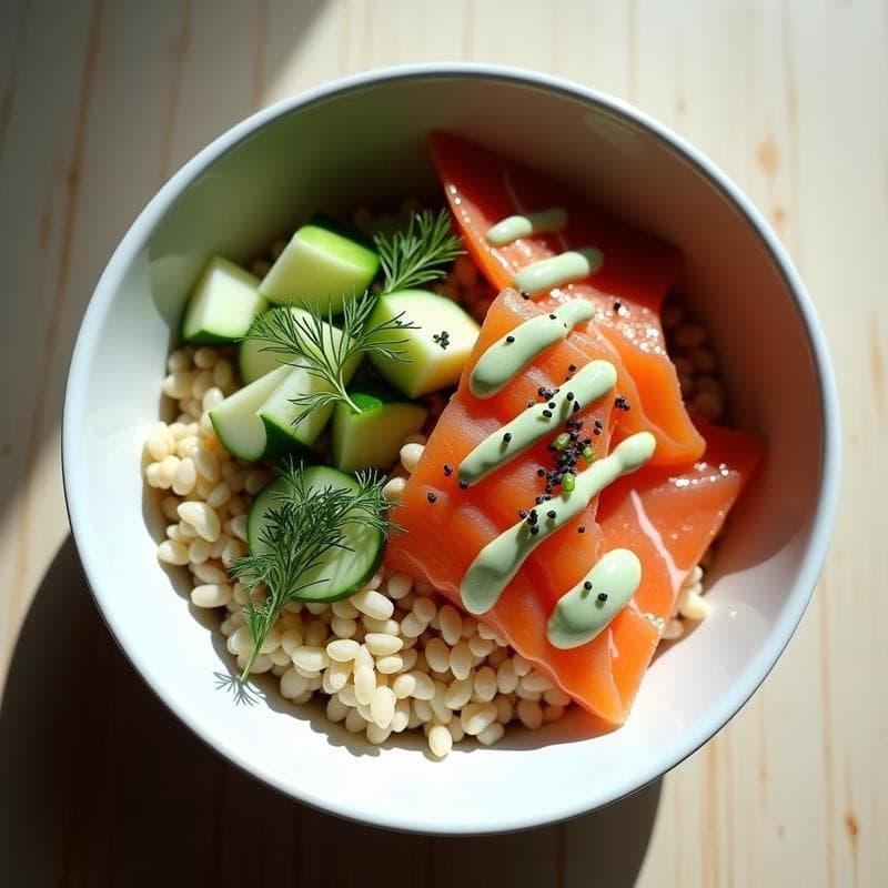 Bowl de Trigo Sarraceno con Salmón Ahumado y Crema de Rábano Picante: Receta Polaca Sin Lactosa
