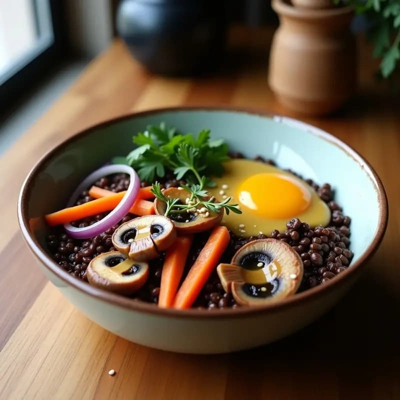 Bowl de Trigo Sarraceno y Setas Shitake: Desayuno Ruso Alto en Fibra con Aderezo de Mostaza