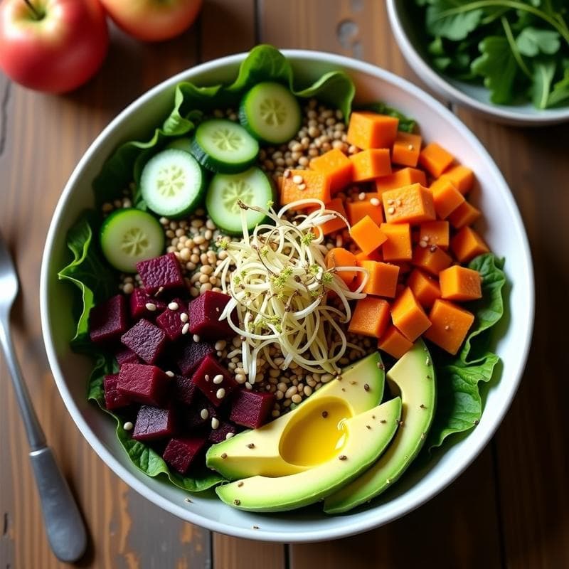 Bowl de Trigo Verde con Remolacha Asada y Aderezo de Mostaza: Receta Vegana en Airfryer
