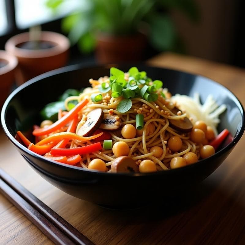 Bowl de Yakisoba de Garbanzos: Receta Japonesa Vegana con Salsa Teriyaki Sin Azúcar