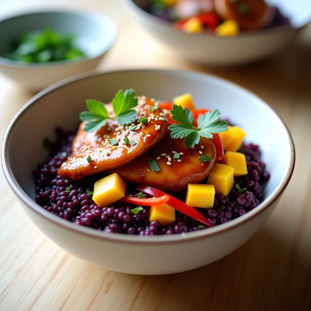 Bowl de Yakitori de Pollo y Mango con Arroz Morado: Receta Japonesa Dulce-Salada en 20 Minutos