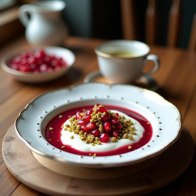 Bowl de Yogur de Coco con Granada, Cardamomo y Crujiente de Pistacho: Desayuno Persa Sin Lactosa