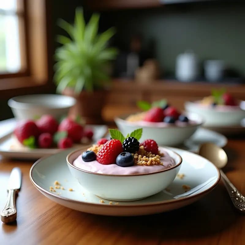 Bowl de Yogur de Coco con Capas de Granola de Matcha y Frutos Rojos en Espiral