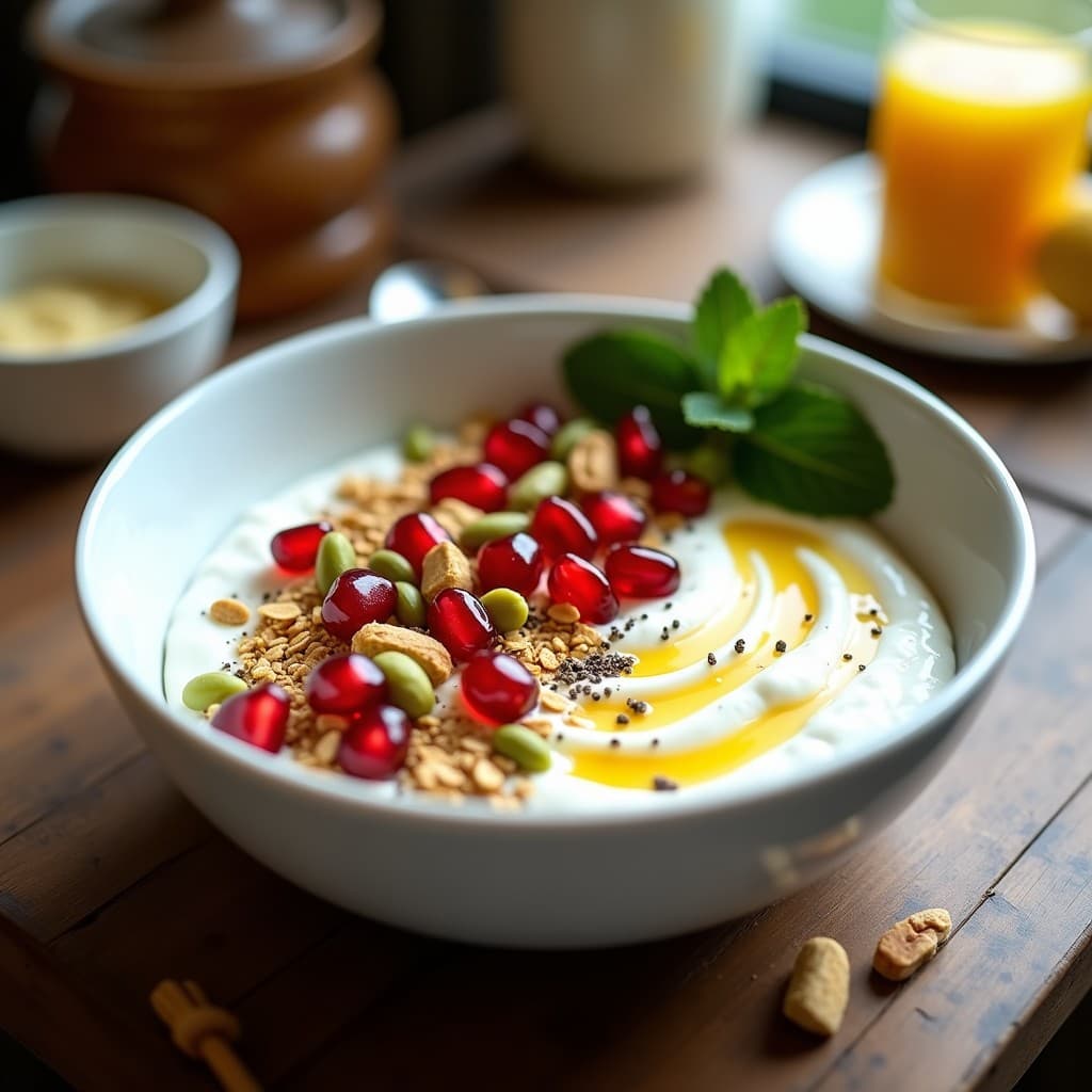 Bowl de Yogur Griego con Granada, Pistachos y Miel de Eucalipto: Desayuno Alta en Proteína y Sin Lactosa